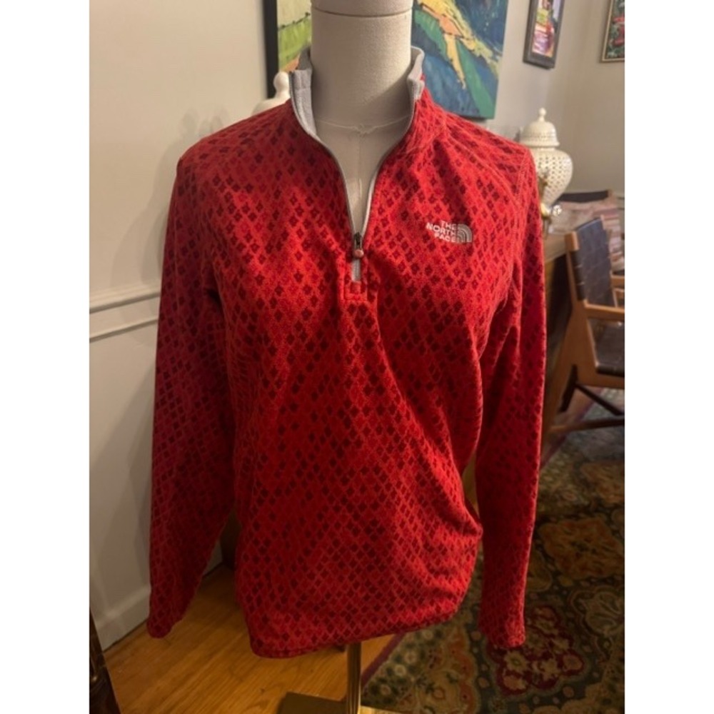 The North Face Womens TKA 100 Red Diamond Print 1/4 Zip Fleece Pullover Small